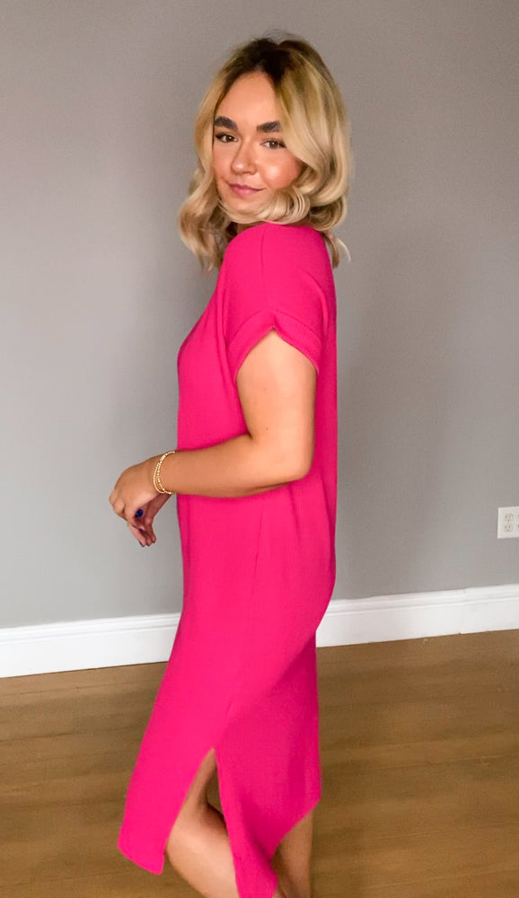 Rachel Ribbed Midi Dress | Hot Pink