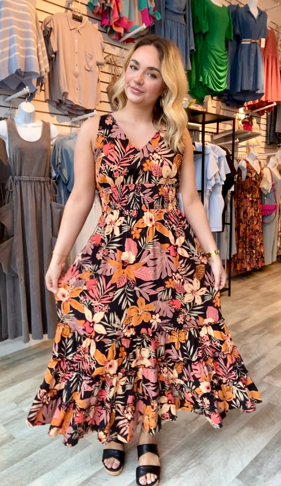 Tropical Print Maxi Dress | Black/Peach
