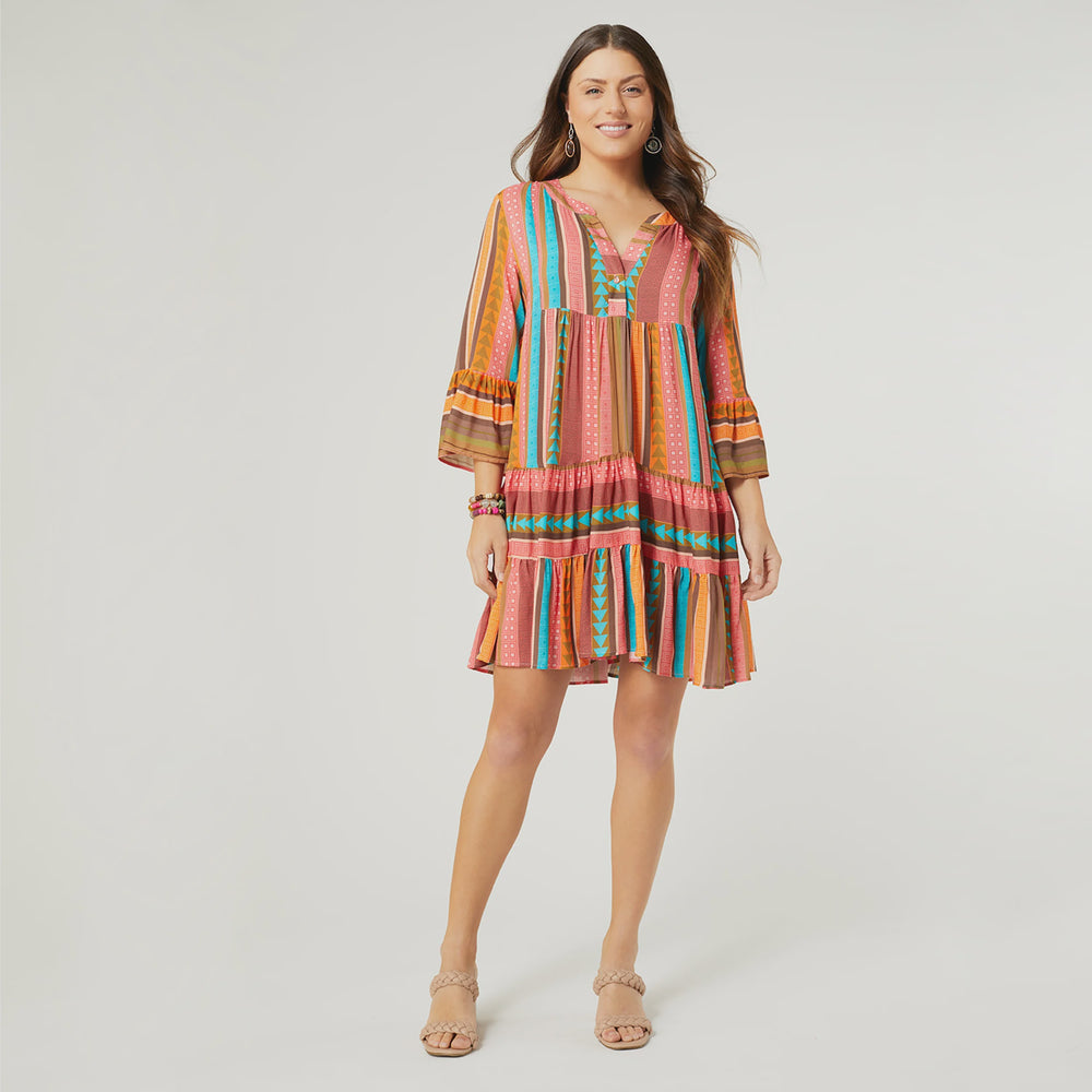 Milena Ruffle Sleeve Tunic Dress | Pink Aztec