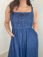 Lace Up Sleeveless Denim Midi Dress