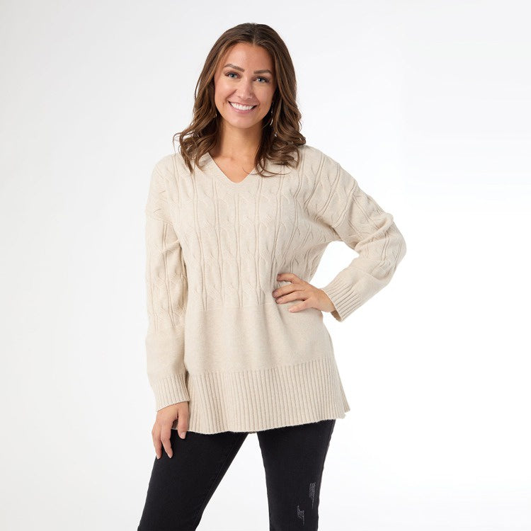 Heavenly Luxe V-Neck Cable Sweater | Oatmeal