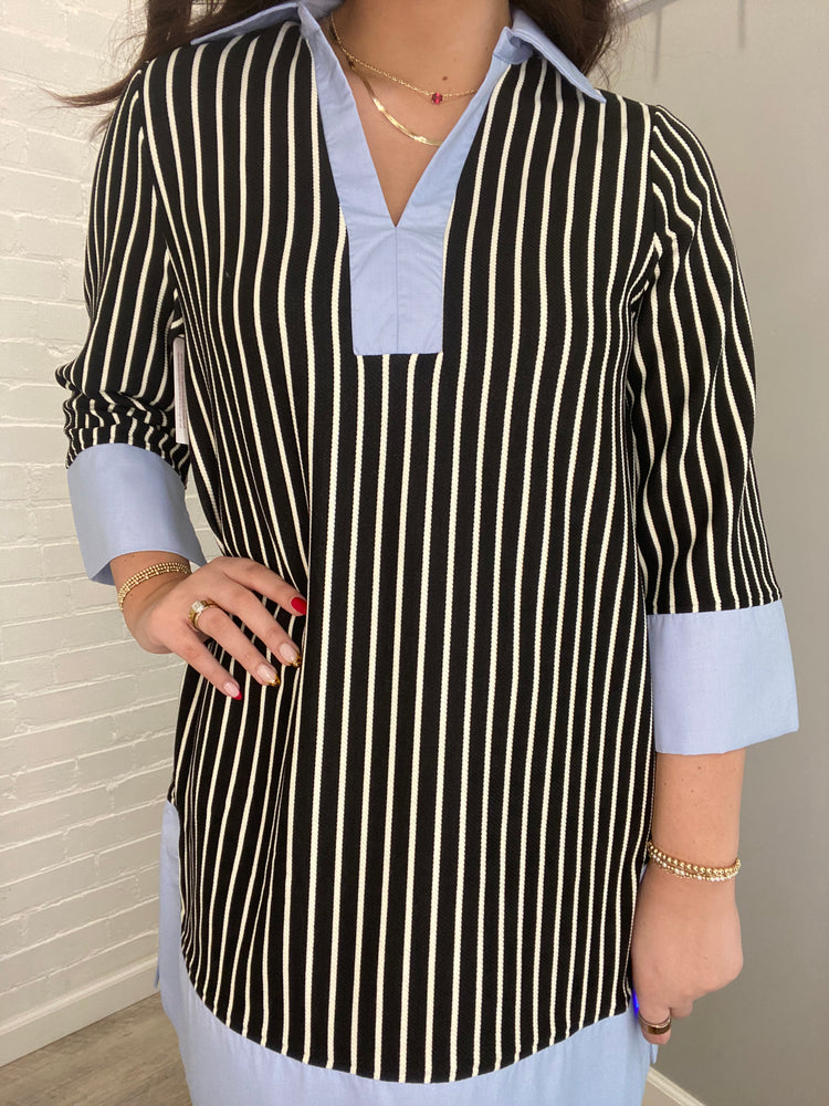 Turning Heads Striped Split V-Neck Collared Shift Dress