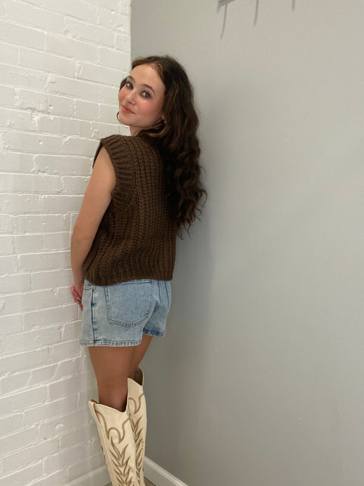 Chunky Knit Sweater Vest with Gold Buttons | Brown