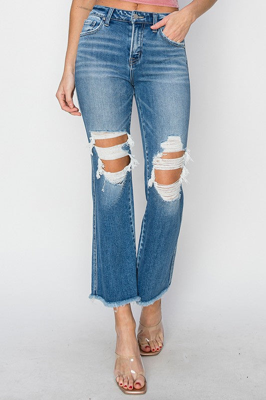 Risen Mid-Rise Knee Hole Distressed Ankle Flare Jeans