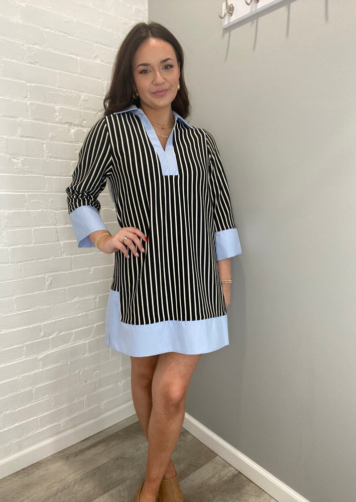 Turning Heads Striped Split V-Neck Collared Shift Dress