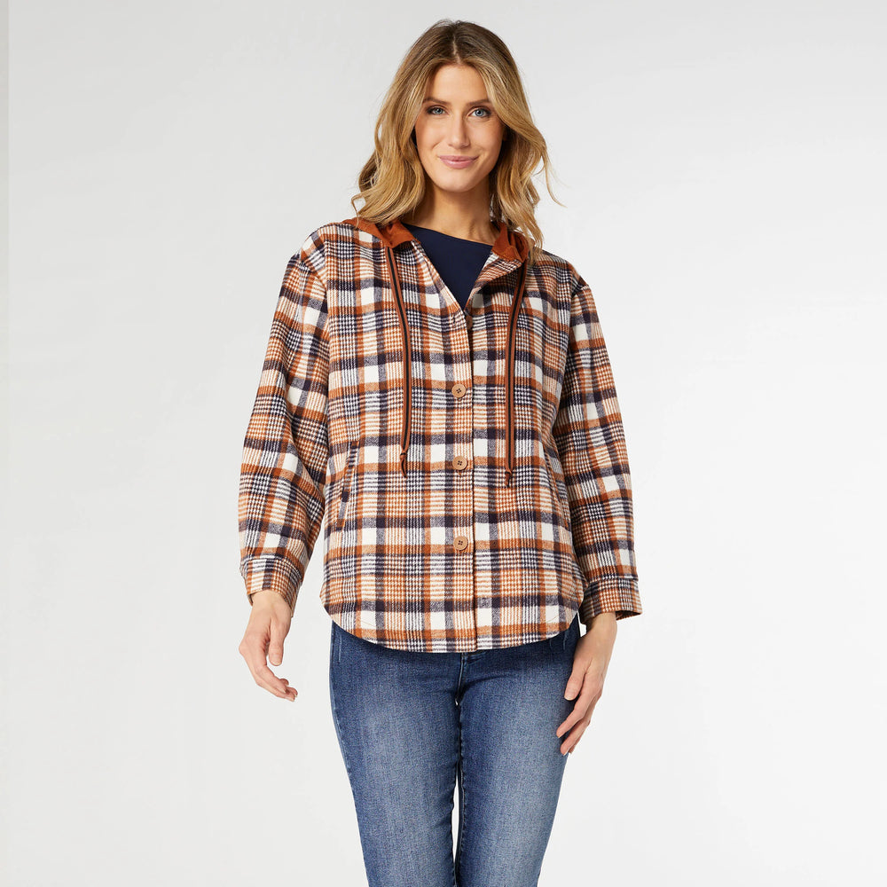 Frieda Button Front Hooded Shacket with Pockets | Rust/Navy Plaid