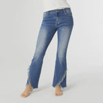 EverStretch Flare with Crossover Fringe Bottom | Medium Denim