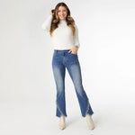 EverStretch Flare with Crossover Fringe Bottom | Medium Denim