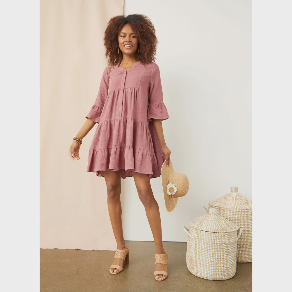 Lilith Elbow Sleeve Gauze Dress | French Rose