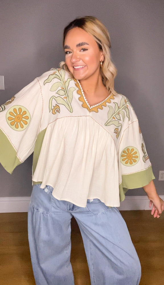 The Elaine Embroidery Top | Natural Sage