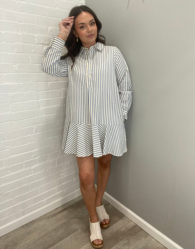 Striped Long Sleeve Collared Drop Waist Mini Dress | Blue