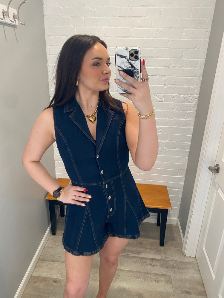 Dark Denim Sleeveless Button Romper