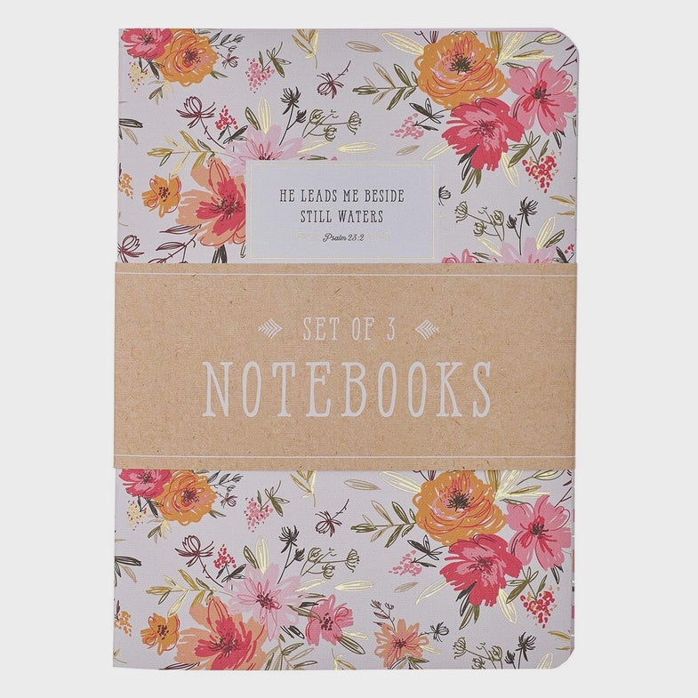 He Leads Me Pink Floral Large Notebook Set - Psalm