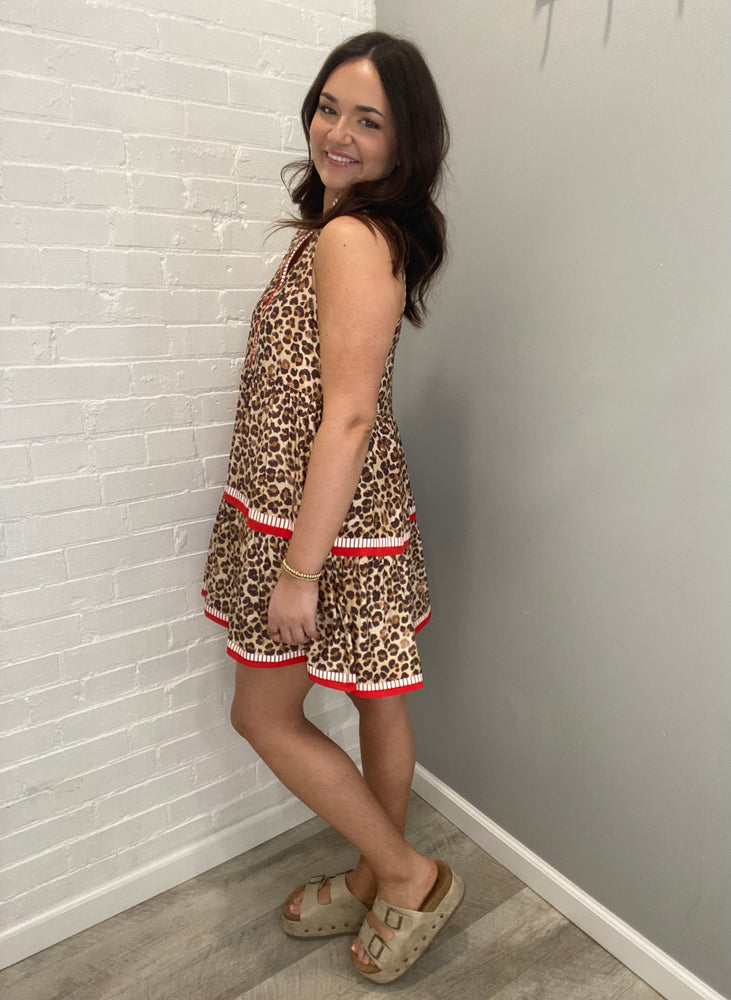 Leopard Print Sleeveless Tiered Mini Dress