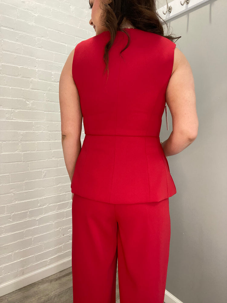 Tailor-Inspired Structured Shoulder Sleeveless Vest Top | Red