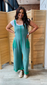 Mineral Wash Thermal Wide Leg Overalls|Jade