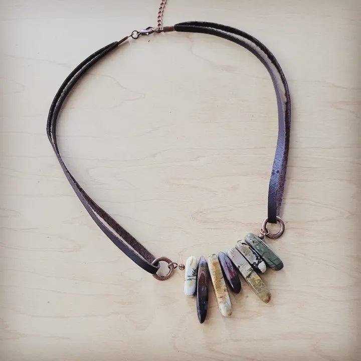 Picasso Jasper Stone Collar Necklace | Genuine Leather