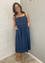 Lace Up Sleeveless Denim Midi Dress