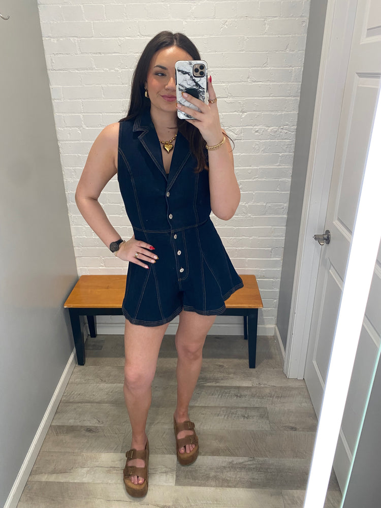 Dark Denim Sleeveless Button Romper