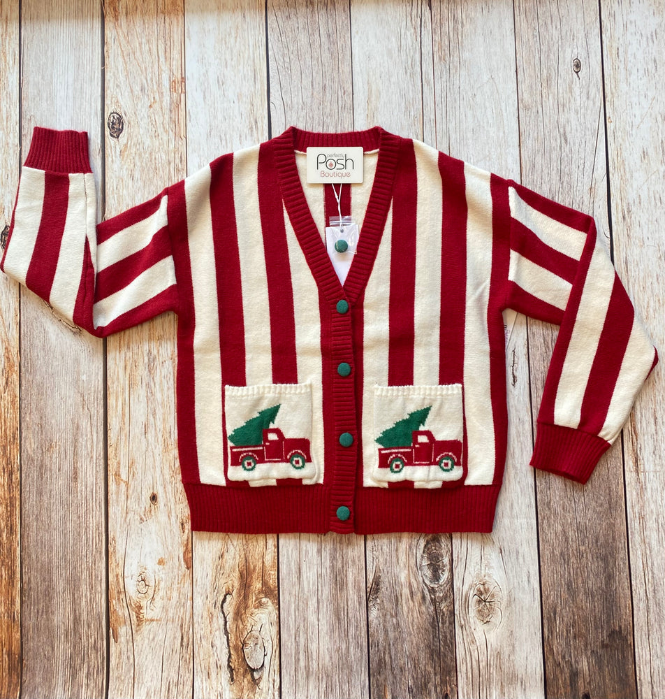 Christmas Truck Prined Pocket Stripe Cardigan