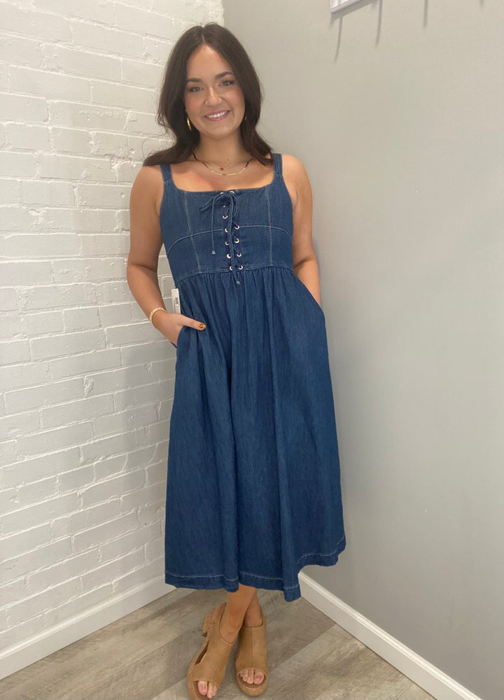 Lace Up Sleeveless Denim Midi Dress