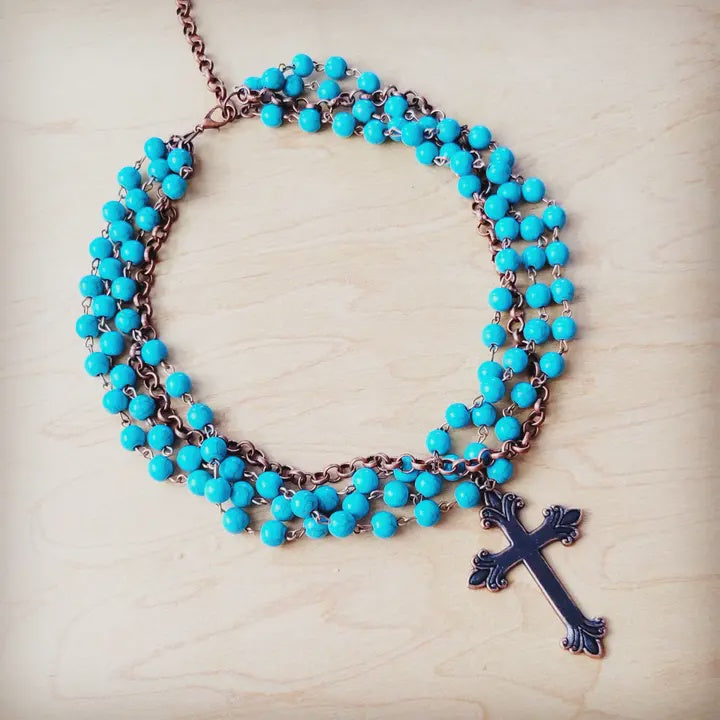 Blue Turquoise Beaded Collar Necklace | Cross Pendant