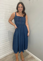 Lace Up Sleeveless Denim Midi Dress