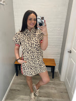 Leopard Print Collared Mini Dress w/ Accent Stripes