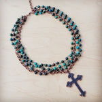 African Turquoise Beaded Collar Necklace | Cross Pendant