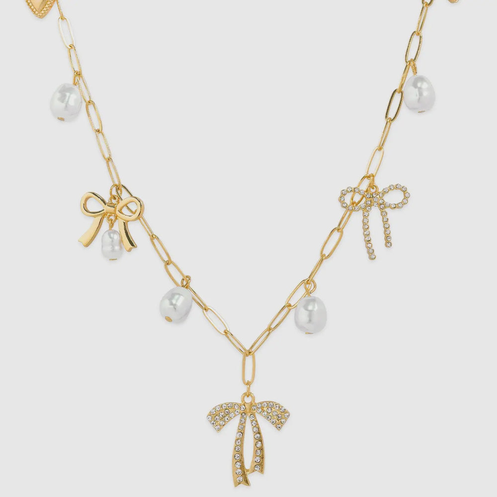 Multi Pearl Bow Charm Necklace