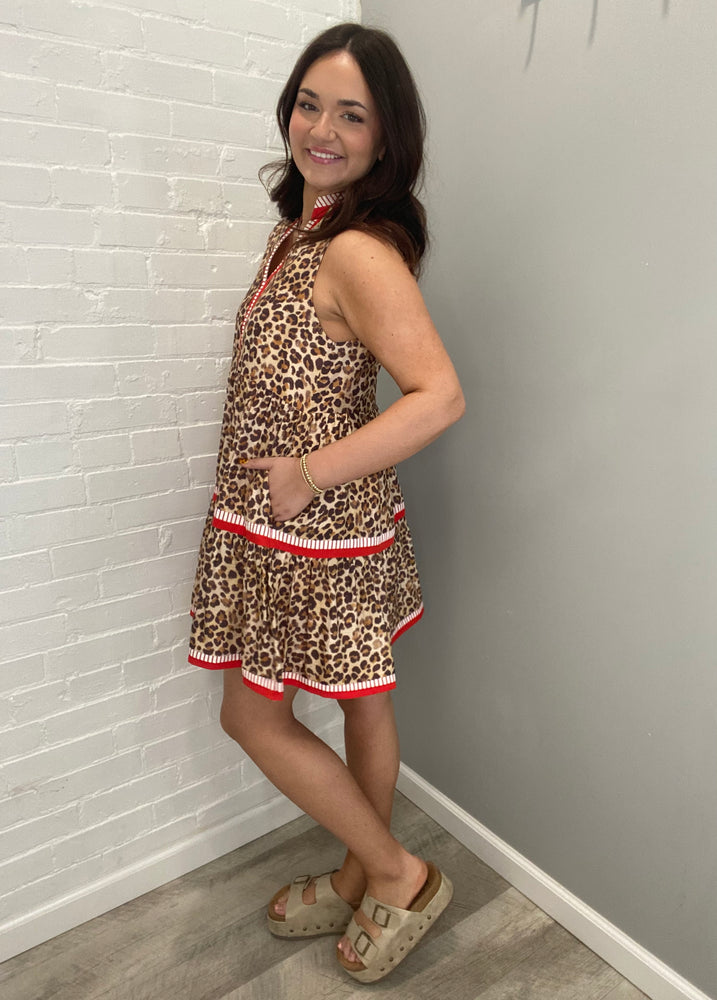 Leopard Print Sleeveless Tiered Mini Dress