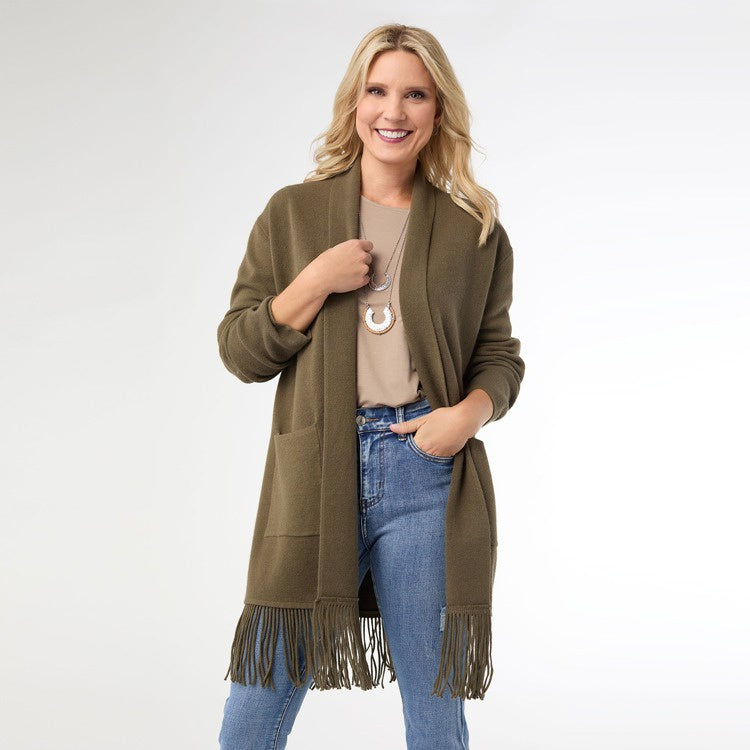 Heavenly Luxe Mid Length Cardigan with Fringe | Olive