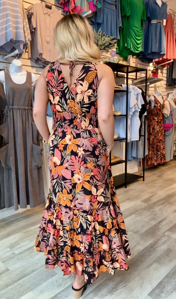 Tropical Print Maxi Dress | Black/Peach