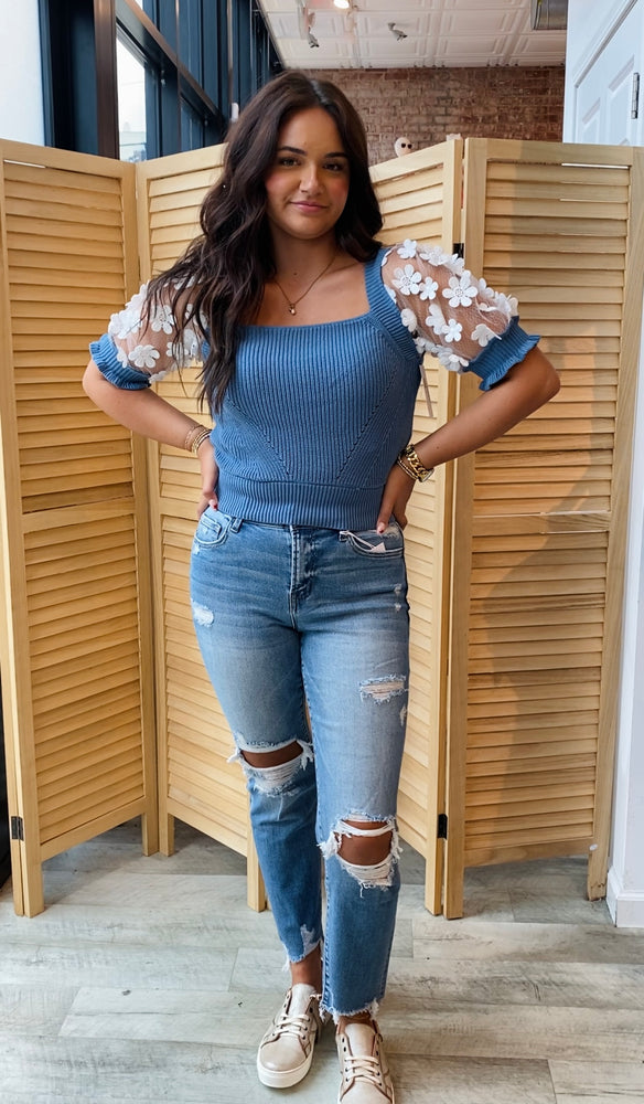 Floral Lace Puff Sleeve Sweater Top | Denim Blue