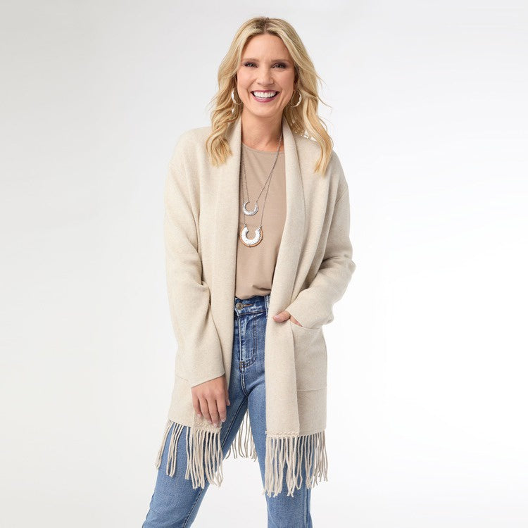Heavenly Luxe Mid Length Cardigan with Fringe | Oatmeal