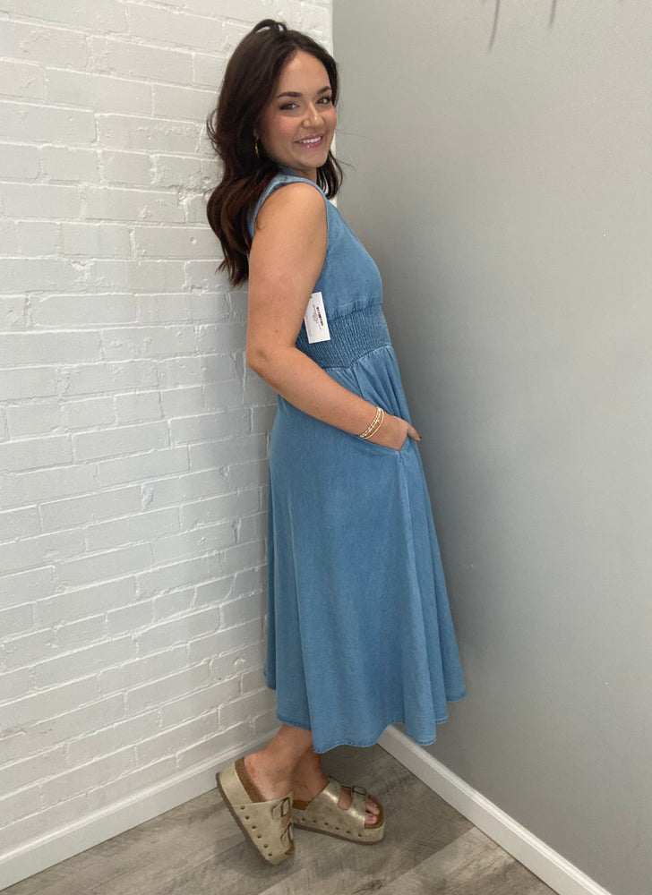 The Go To Denim Sleeveless Midi Dress