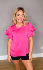 Satin Bubble Sleeve Top | Pink