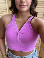 Washed Ribbed Cropped Button V-Neck Tank Top | Bright Mauve
