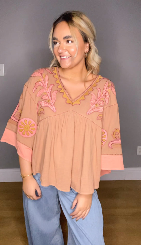 The Elaine Embroidery Top | Mocha Coral