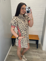 Leopard Print Collared Mini Dress w/ Accent Stripes