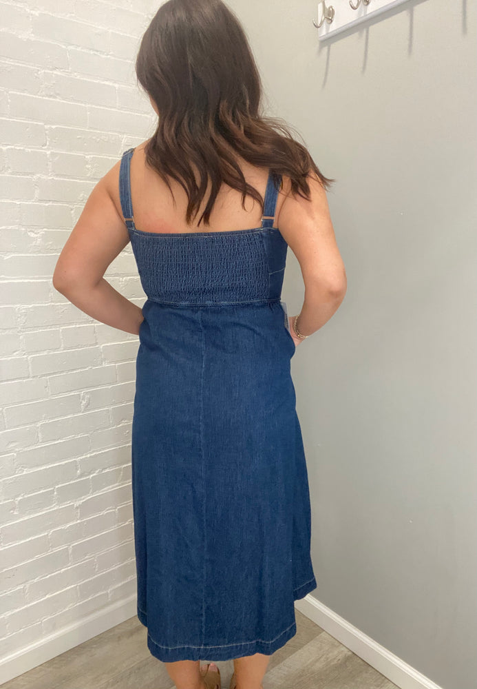 Lace Up Sleeveless Denim Midi Dress