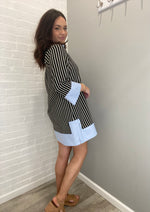 Turning Heads Striped Split V-Neck Collared Shift Dress