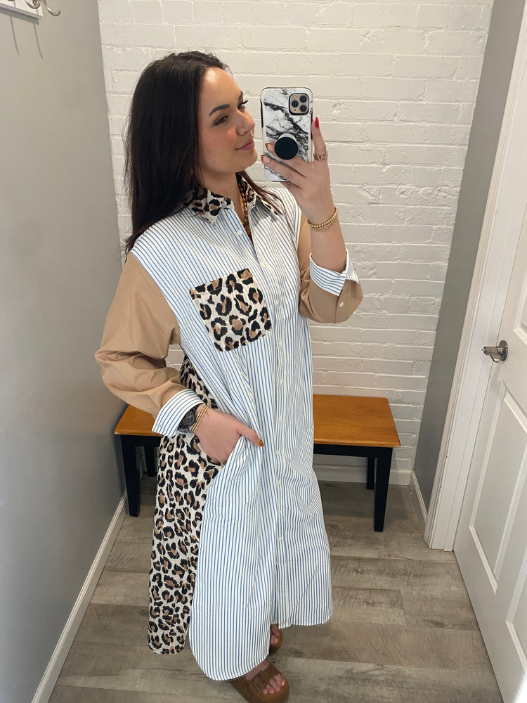 Mixed Print Long Sleeve Midi Shirt Dress