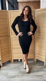 Contrast Trim Long Sleeve Midi Dress