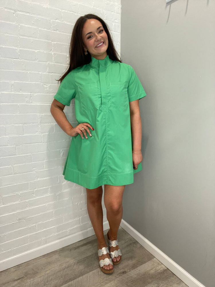 High Neck Short Sleeve Swing Mini Dress | Green