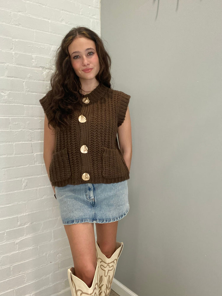 Chunky Knit Sweater Vest with Gold Buttons | Brown
