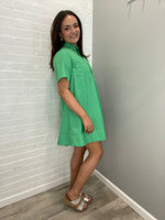 High Neck Short Sleeve Swing Mini Dress | Green