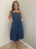 Lace Up Sleeveless Denim Midi Dress