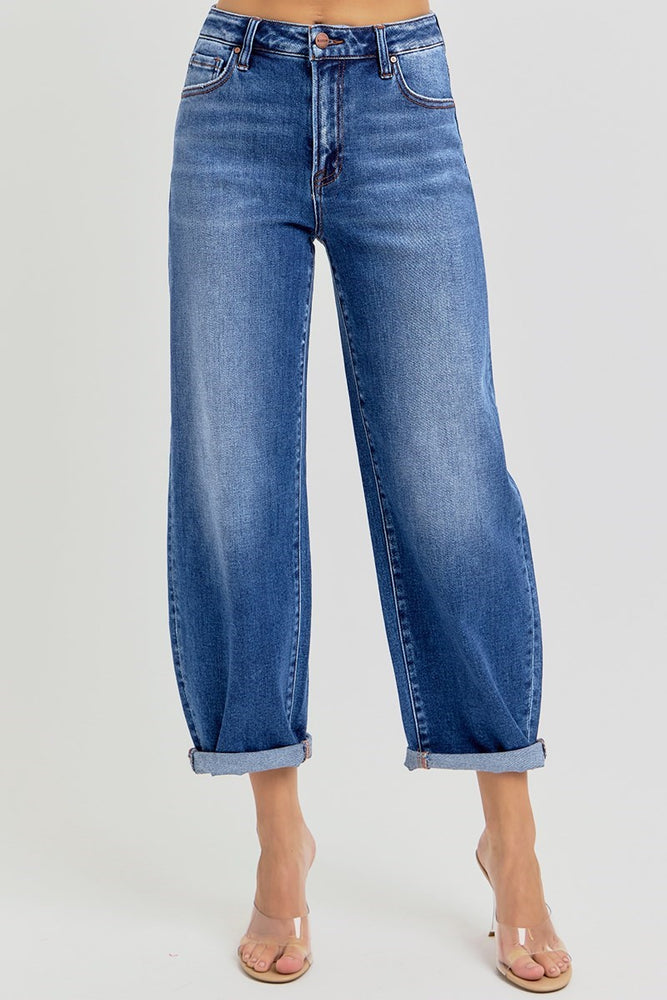 Risen High Rise Crop Barrel Jean | Dark