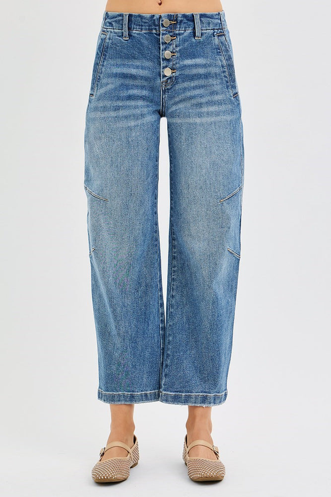 Risen Slouchy Crop Barrel Twisted Seams Button Fly Jeans